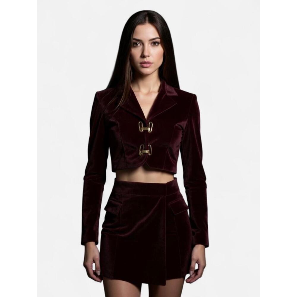 Commense NWT Burgundy Velvet Cropped Blazer & Mini Skort Set